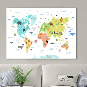 Art en verre de carte du monde animal | Impression sur verre trempé | Décoration de chambre d'enfants | Carte colorée des animaux