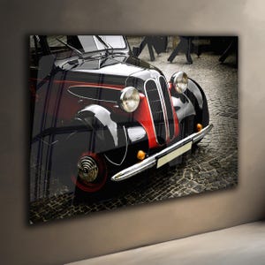 Vintage Car Glass Wall Art, Classic Automobile Print, Retro Garage Decor, Black Red Car Photography, Gift for Car Enthusiasts