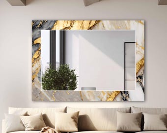 Espejo de pared de vidrio templado de mármol gris dorado: decoración de arte abstracto