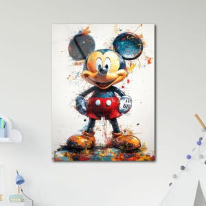 Topolino, vetro temperato, arte in vetro di Topolino, decorazione da parete di Topolino, dipinto di cartoni animati colorati, stampa su vetro di Topolino