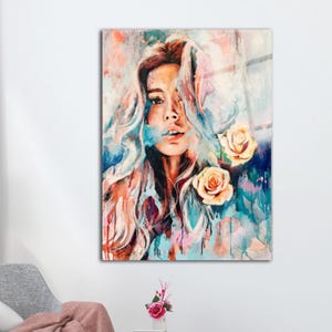 Woman with Flowers Glass Art, Vibrant Colorful Glass Painting, Tempered Glass,  Flower Rose Art, Girl Glass Printing, Glass Art Decor, Gifts