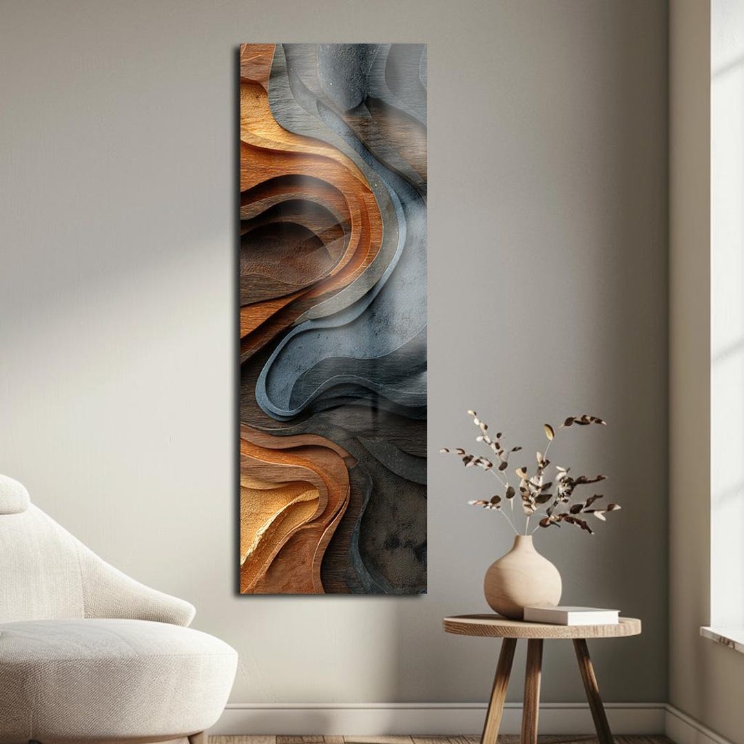 Abstract Layered Stone Tempered Glass Wall Art, Vertical Modern Organic ...
