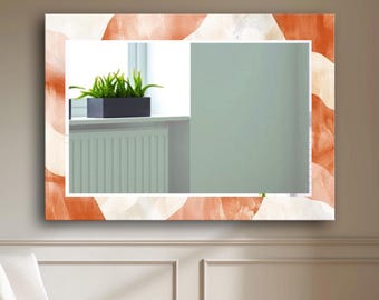 Espejo naranja abstracto ondulado, arte de pared moderno para baño, vidrio con marco geométrico suave, acento de tocador en tonos cálidos