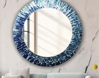 Abstract Blue Round Mirror Wall Art, Tempered Glass Wall Decor, Modern Bathroom or Entryway Accent, Luxury Ocean-Inspired Artwork
