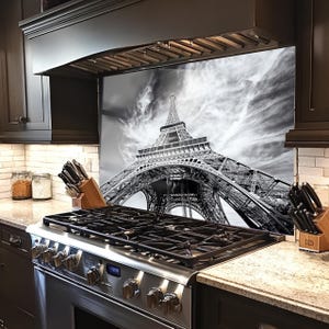 Eiffel Tower Backsplash, Black White Paris Kitchen Panel, Modern Tempered Glass Splashback, Monochrome French Decor Art