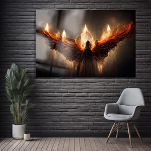 Dark Angel Wall Art, Fiery Wings Glass Print, Gothic Fantasy Wall Decor, Angel of Fire Artwork, Mystical Spiritual Home Gift
