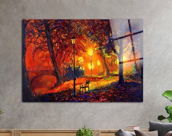 Leonid Afremov-kunst van gehard glas – muurdecoratie romantisch stadsgezicht – kleurrijke stedelijke nachtstraatafdruk – klaar om op te hangen glazen muurkunst