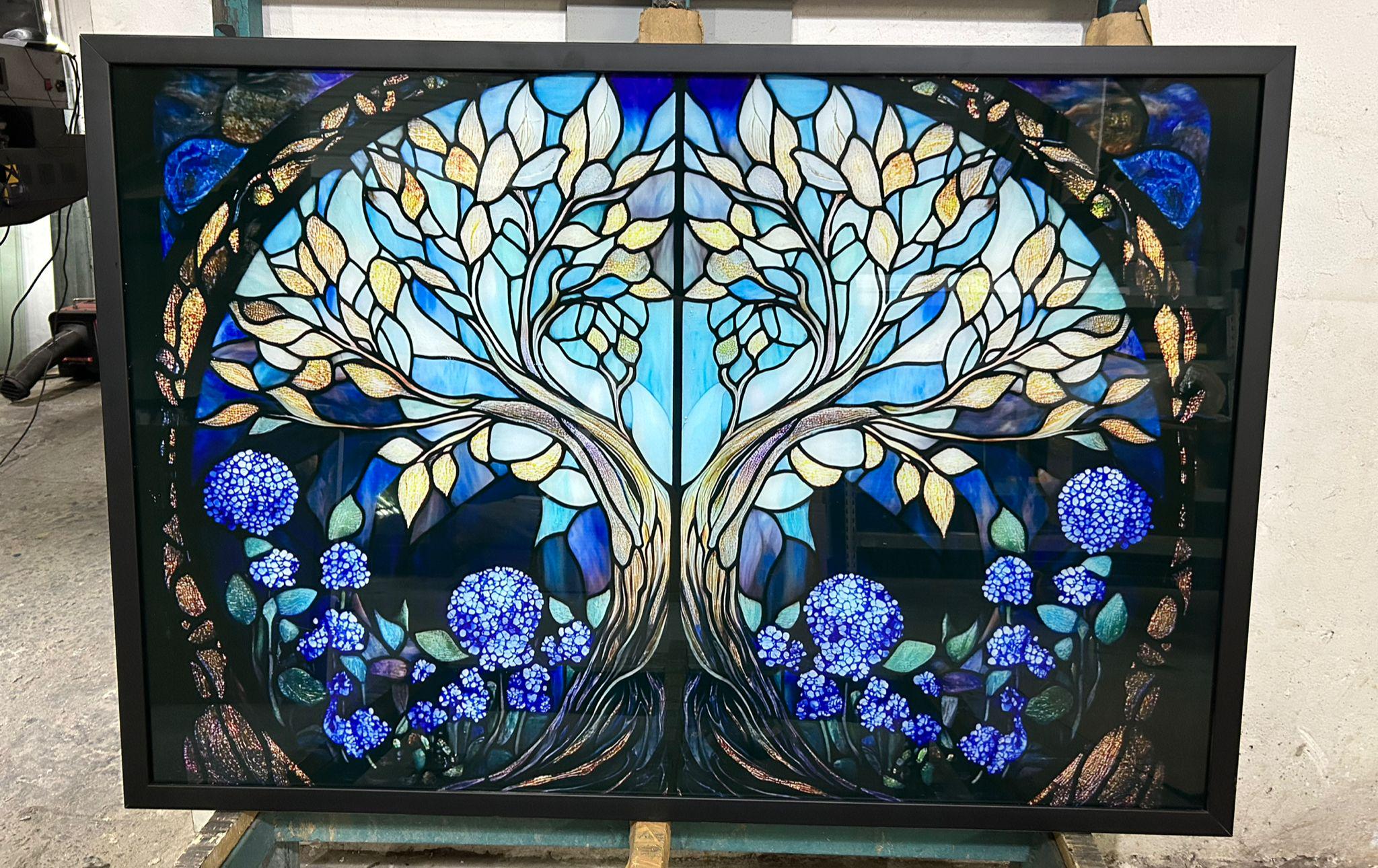 Blue Tree of Life Glass Wall Art, Floral Botanical Tempered Glass Print, Hydrangea Inspired Nature Panel, Modern Wall Decor Gift