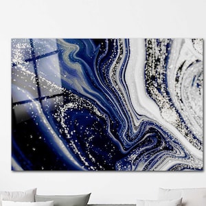 Navy Blue Marble Glass Wall Art – Abstract Tempered Glass Decor | Luxury Modern Marble Artwork | Ready to Hang