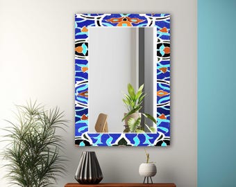 Tempered Glass Wall Art,Abstract Blue Mosaic,Mirror Wall Decor,Glass Wall Mirror,Bedroom mirror,Home Decorative mirror,Mosaic Tile mirror