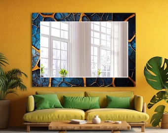 Decoración de pared de vidrio, arte de pared con patrón de red azul naranja, arte de pared azul oscuro, arte de pared de vidrio templado, decoración de pared de espejo, espejo de baño, espejo de pared