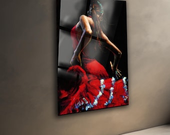 Flamenco Dancer Glass Wall Art: Spanish Red Dress Painting
