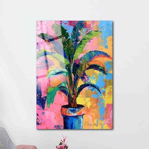 Potted Leafy Flower Wall Art | Colorful Leaf Glass Print | Modern Wall Decor | Housewarming Gift