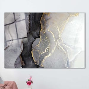 Luxury Marble Glass Wall Art – Black, Gray & Gold Abstract Print on Tempered Glass | Elegant Modern Wall Decor