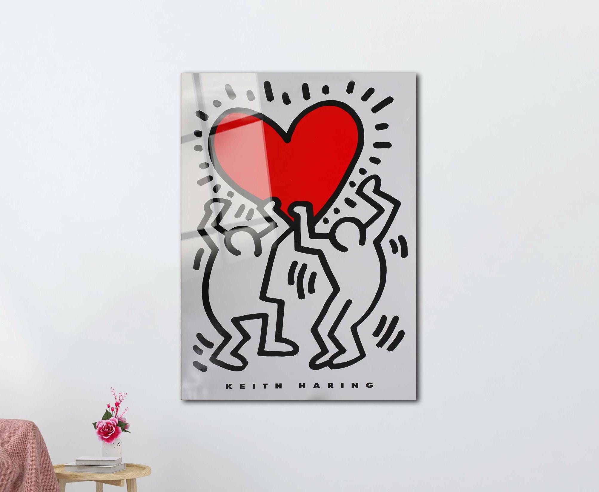 Keith Haring Dancing Figures Tempered Glass Art: Red Heart Pop Art