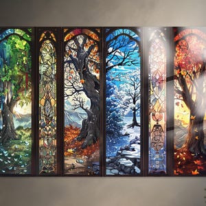 Four Seasons Stained Glass Wall Art, Tree of Life Glass Print, Tempered Glass Panel Decor, Colorful Seasonal Wall Art