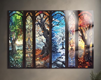 Four Seasons Stained Glass Wall Art, Tree of Life Glass Print, Tempered Glass Panel Decor, Colorful Seasonal Wall Art