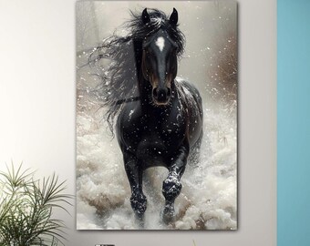 Black Horse Wall Art, Snowy Wild Horse Glass Print, Dramatic Animal Canvas, Modern Home Decor, Horse Lover Gift, Nature Wall Accent