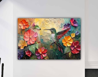 3D Hummingbird Wall Art, Textured Floral Painting, Colorful Nature Canvas for Vibrant Home Decor