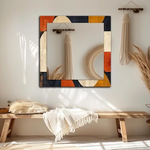 Retro Geometric Glass Mirror, Mid-Century Wall Art with Orange Beige Blocks, Modern Round or Square Decorative Mirror for Home