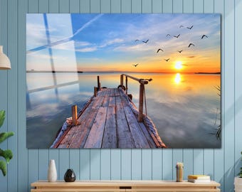 Dock View Wall Art, Sunset View Decor, Glass Wall Printing Art, Sea Landscape Art,Glass Wall Decor, Tempered Glass Art, Housewarming Gift