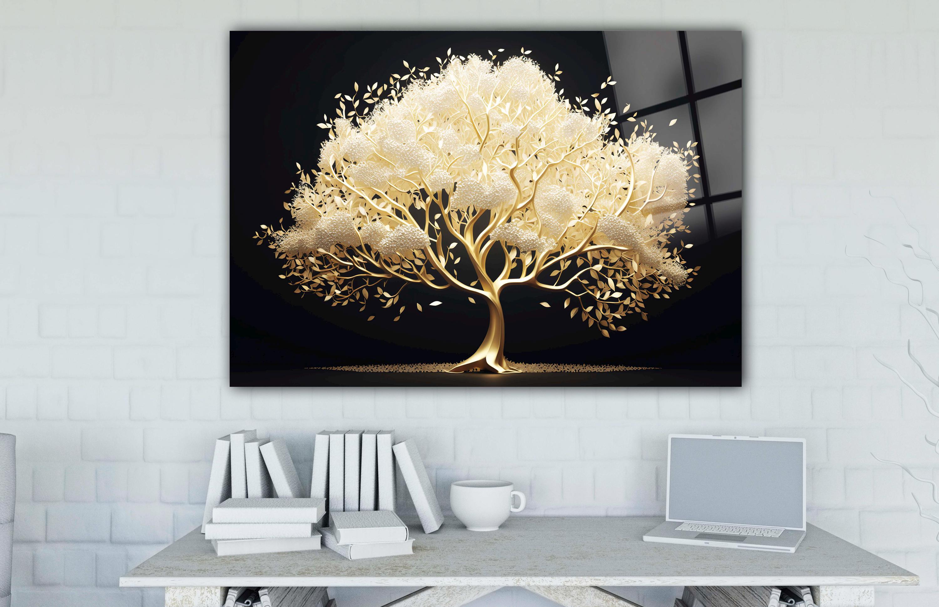 Golden Tree of Life Tempered Glass Wall Art: Modern Home Decor
