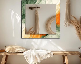 Espejo de pared de vidrio abstracto moderno, diseño de acuarela naranja y verde, marco de vidrio templado, decoración de pared neutra redonda o cuadrada.