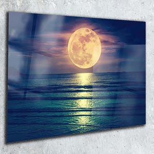 Arte de vidrio con paisaje de luna llena: decoración de pared de vidrio templado con luna llena y cielo nocturno / Impresión y tapiz de vidrio