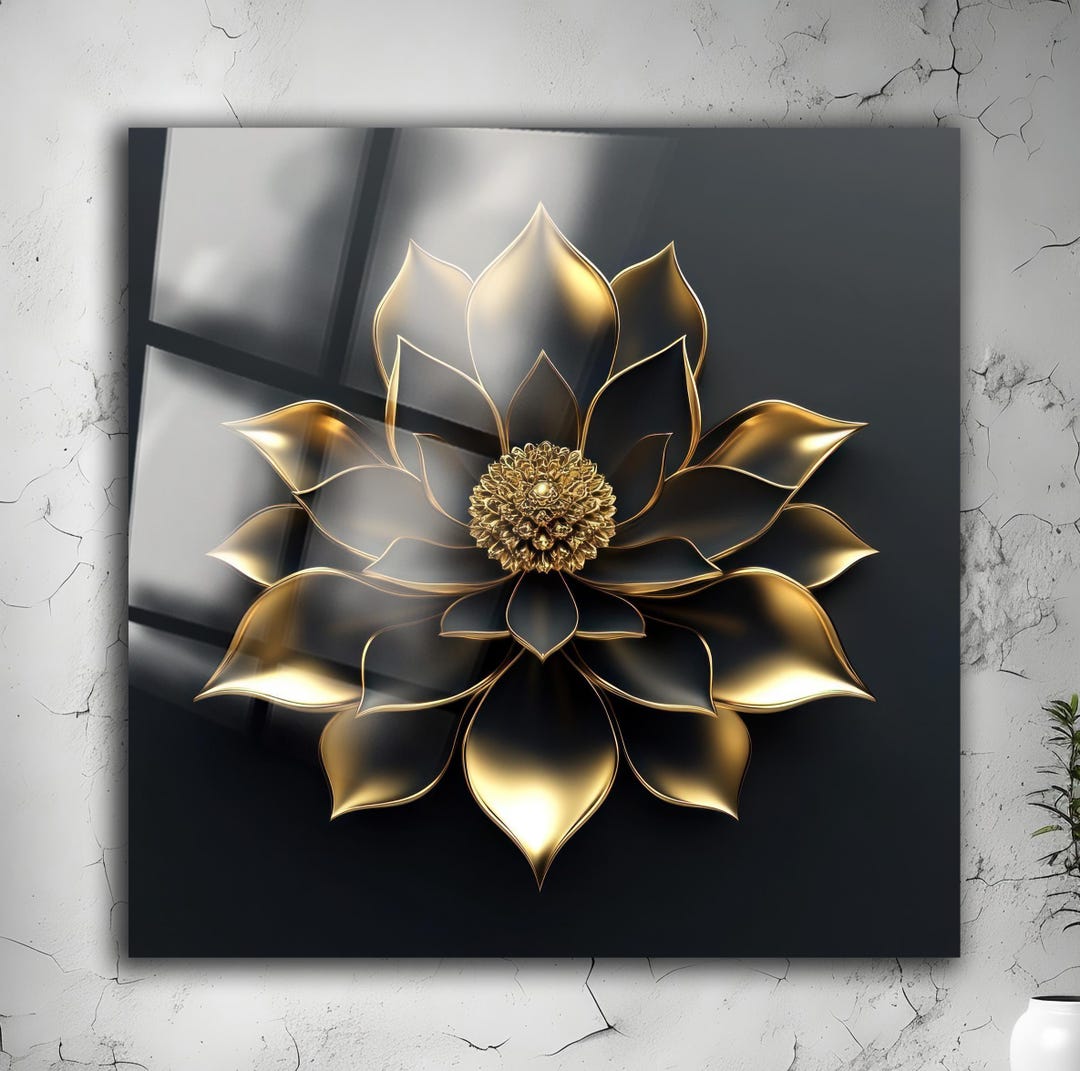 3D Gold Lotus Glass Wall Art: Black & Gold Floral Decor - Etsy