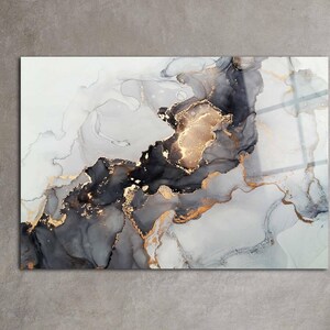 Luxury Black & Gold Marble Glass Wall Art – Abstract Gray Marble Decor | Ready to Hang | Tempered Glass Print