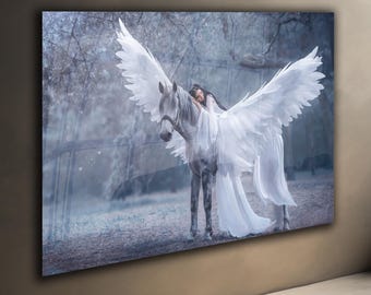 White Pegasus Canvas Print: Surreal Girl on Horseback, Mystical Forest Wall Art