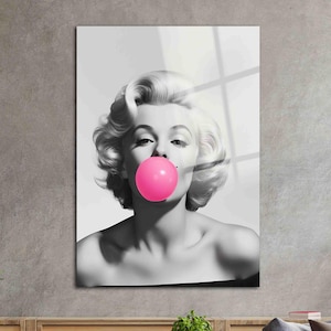 Marilyn Monroe Wall Art | Marilyn Monroe Bubble Gum | Pop Art Print | Pink Bubble | Vibrant Glass Art | Woman Wall Decor