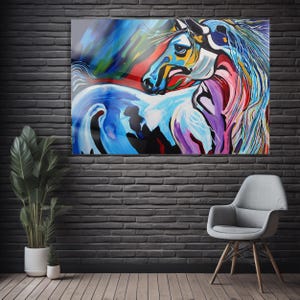 Colorful Horse Glass Wall Art, Abstract Equine Painting, Vibrant Animal Decor for Living Room, Horse Lover Gift Idea
