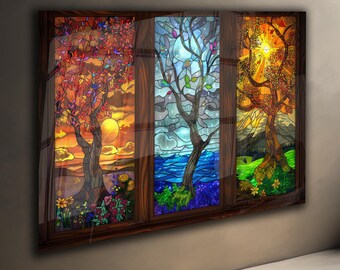 Stained Glass Tree Panel | Four Seasons Art Window Decor | Colorful Nature Glass Wall Hanging