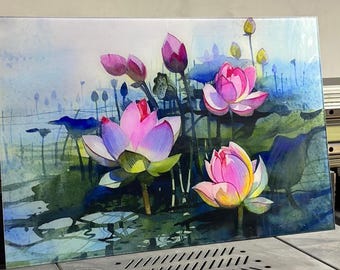 Glazen wandkunst lotusbloem | Lotus schilderij print | Glasdecoratie | Gebrandschilderd glas bloemen afdrukken | Boerderij muurkunst | Woonkamerinrichting