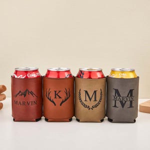 Personalized Leatherette Can Cooler: Engraved Groomsmen Gift