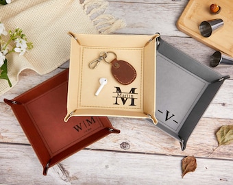 Bandeja de cuero personalizada con monograma, regalo personalizado para hombre, regalo grabado para hombre, regalo personalizado para padrinos de boda.