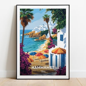 Affiche de voyage Hammamet, impression d'art mural, affiche de la Tunisie, impression de la ville, affiche de la ville, décoration d'intérieur, oeuvre d'art paysage urbain, affiche rétro tendance, cadeau pour les amateurs d'art