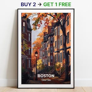 Poster di viaggio di Boston, Beacon Hill, stampa artistica da parete, poster degli Stati Uniti, stampa della città, poster della città, arredamento per la casa, opera d'arte del paesaggio urbano, poster retrò alla moda