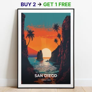 Poster di viaggio di San Diego, stampa artistica da parete del monumento nazionale Cabrillo, poster degli Stati Uniti, stampa della città, poster della città, arredamento per la casa, opera d'arte con paesaggio urbano