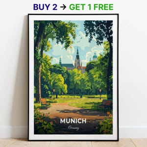 Affiche de voyage à Munich, impression d'art mural jardin anglais, affiche de l'Allemagne, impression de la ville, affiche de la ville, décoration d'intérieur, oeuvre d'art paysage urbain, affiche rétro tendance
