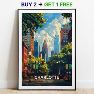 Affiche de voyage de Charlotte Uptown Charlotte, impression d'art mural, affiche des États-Unis, impression de la ville, affiche de la ville, décoration d'intérieur, oeuvre d'art paysage urbain