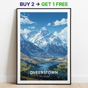 Poster de voyage de Queenstown, impression d'art mural Coronet Peak, affiche de la Nouvelle-Zélande, impression de la ville, affiche de la ville, décoration d'intérieur, oeuvre d'art paysage urbain, cadeau pour les amateurs d'art