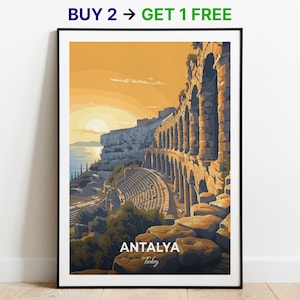 Affiche de voyage d'Antalya, amphithéâtre d'Aspendos, impression d'art mural, affiche de la Turquie, impression de la ville, affiche de la ville, décoration d'intérieur, oeuvre d'art paysage urbain, cadeau pour les amateurs d'art