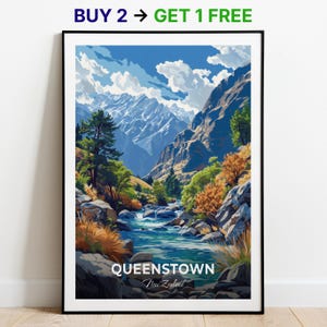 Affiche de voyage Queenstown Skippers Canyon, impression d'art mural, affiche de la Nouvelle-Zélande, impression de la ville, affiche de la ville, décoration d'intérieur, oeuvre d'art paysage urbain, tenture murale