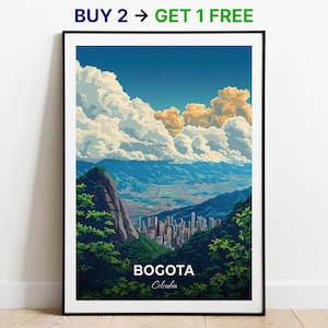 Bogota reisposter Monserrate Mountain muurkunst print Colombia poster stad print stad poster woondecoratie stadsgezicht kunstwerk kunstliefhebbers cadeau