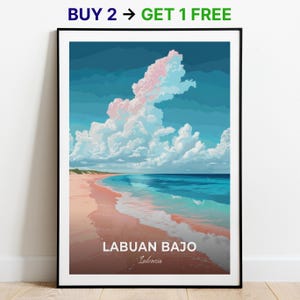 Póster de viaje de Labuan Bajo, arte mural de playa rosa, impresión de Indonesia, póster de ciudad, póster de ciudad, decoración del hogar, obra de arte de paisaje urbano, póster retro de moda