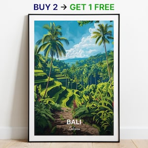 Affiche de voyage à Bali Rizières en terrasses de Tegallalang, impression d'art mural, affiche de l'Indonésie, impression de ville, affiche de ville, décoration d'intérieur, oeuvre d'art paysage urbain