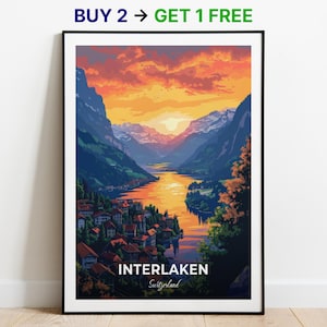 Interlaken, affiche de voyage, impression d'art mural invisible, impression de la Suisse, impression de la ville, affiche de la ville, décoration d'intérieur, oeuvre d'art paysage urbain, affiche rétro tendance