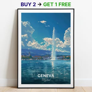 Affiche de voyage à Genève Jet d'eau, impression d'art mural, affiche de la Suisse, impression de la ville, affiche de la ville, décoration d'intérieur, oeuvre d'art paysage urbain, cadeau pour les amateurs d'art
